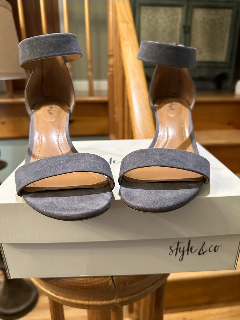 Style & Co. Gray Suede Open-Toe Ankle Strap Heels